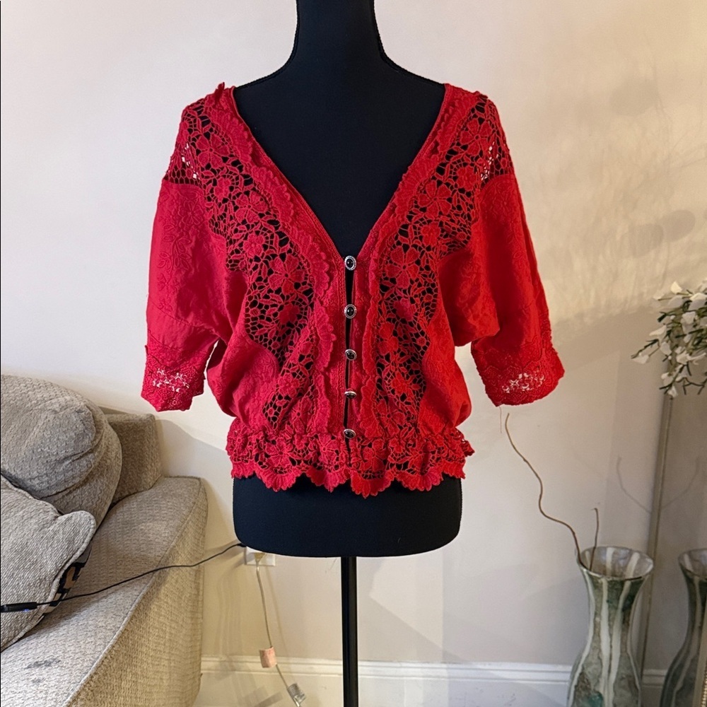 The Kooples Vibrant Red Lace Blouse size 3 - Picture 2 of 6